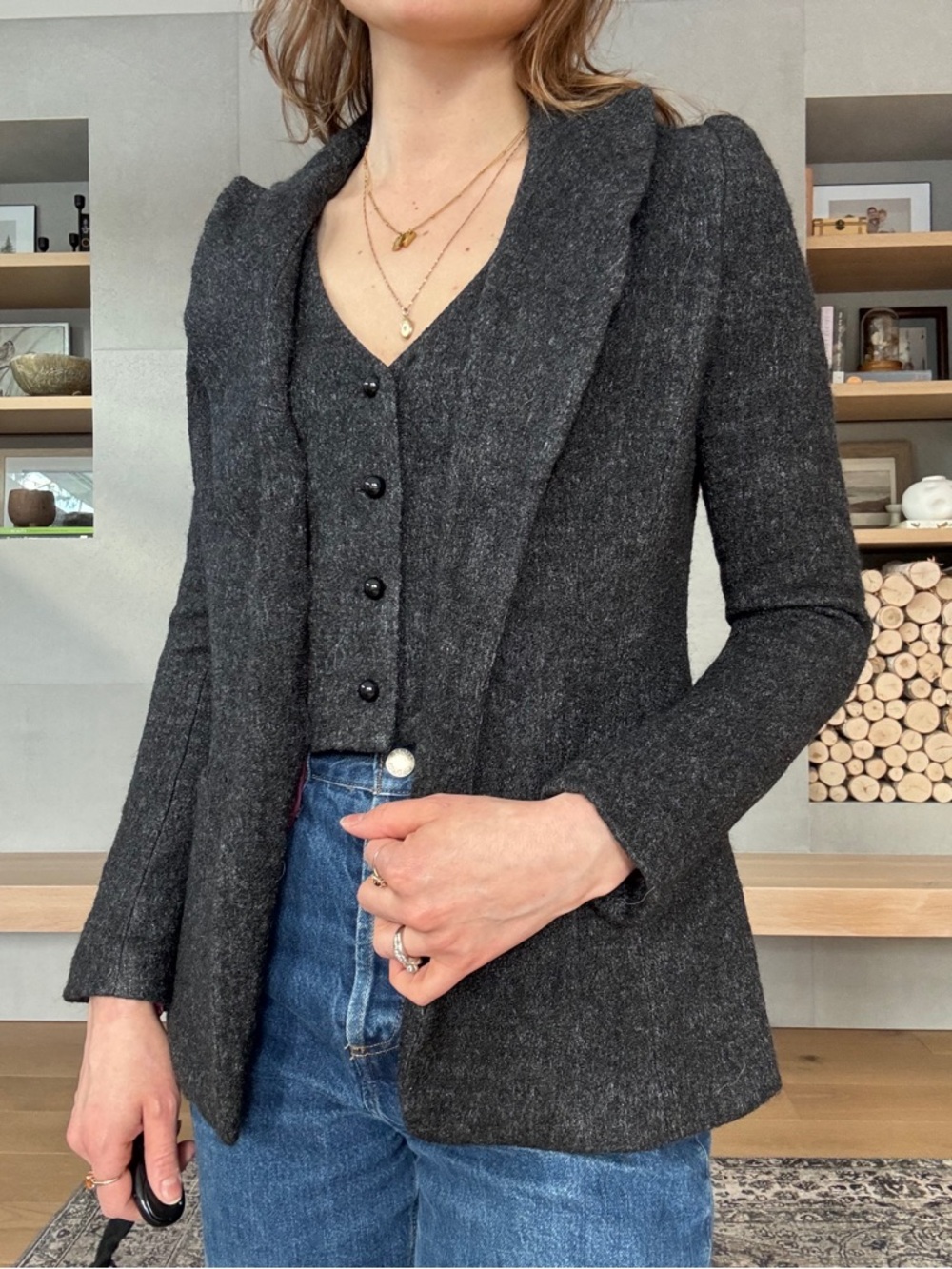 Vintage Edwardian style Charcoal grey Blazer w waistcoat vest xs academia - Picture 3 of 16